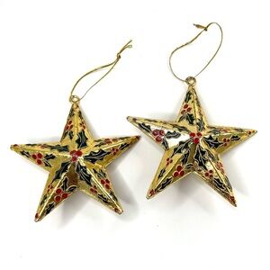Pair Cloisonné Christmas Tree Ornament Star Gold Tone Metal Red Green Holly Vtg